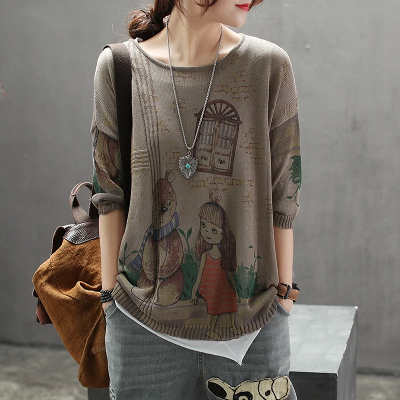 Весенне-осенняя футболка в стиле ретро женские свободные вязаные пуловеры новые