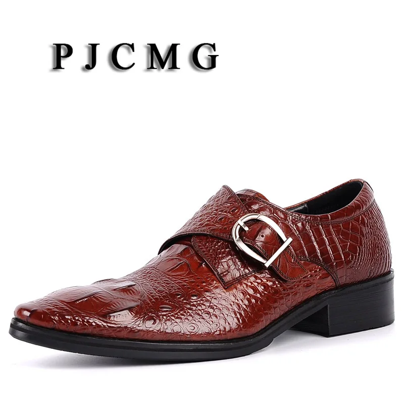 

PJCMG New Fashion Crocodile Design Handmade Genuine Leather Buckle Strap Pointed Toe Blacl/Red Business Dress Men Oxford Shoes
