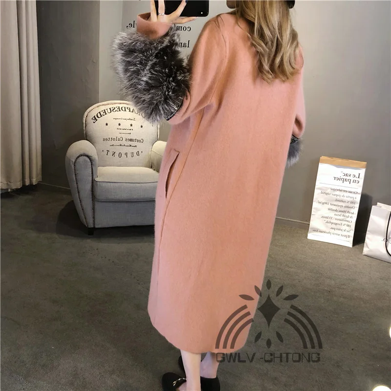 NEW women knitted mink cashmere sweater with fox fur sleeve fashion coat jacket cardigans |