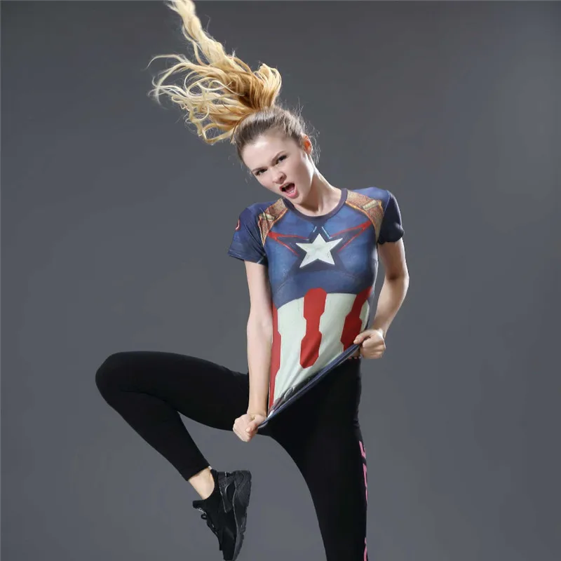 2018 горячая Распродажа сжатия Футболка Для женщин супергероя Капитан