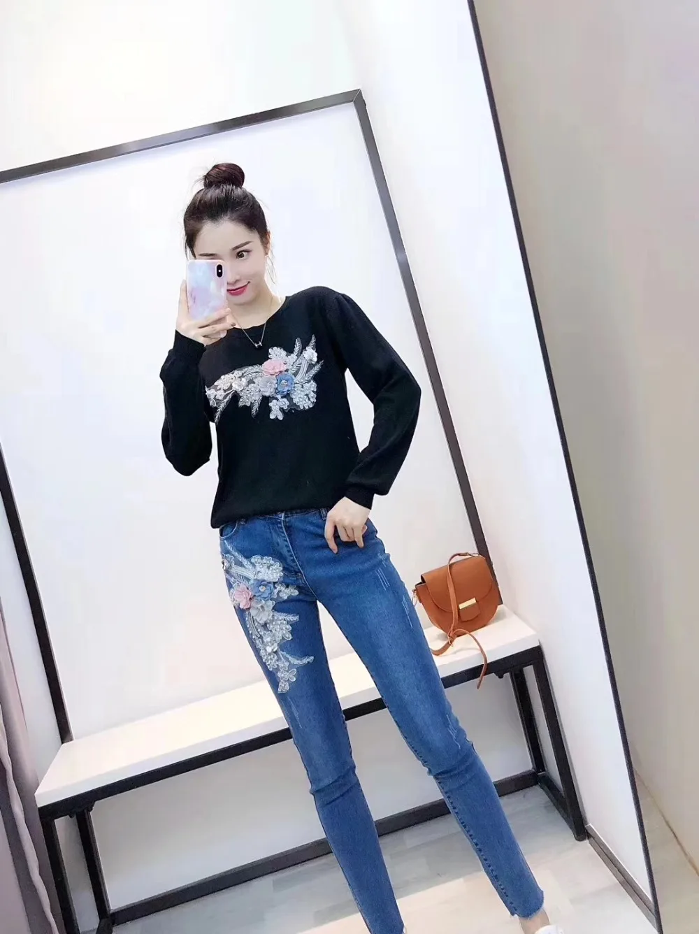 ALPHALMODA, расшитые блестками, с цветами, вязаные свитера с длинными рукавами+ джинсы, 2 шт., женские повседневные комплекты,, Осень-зима, модные комплекты одежды