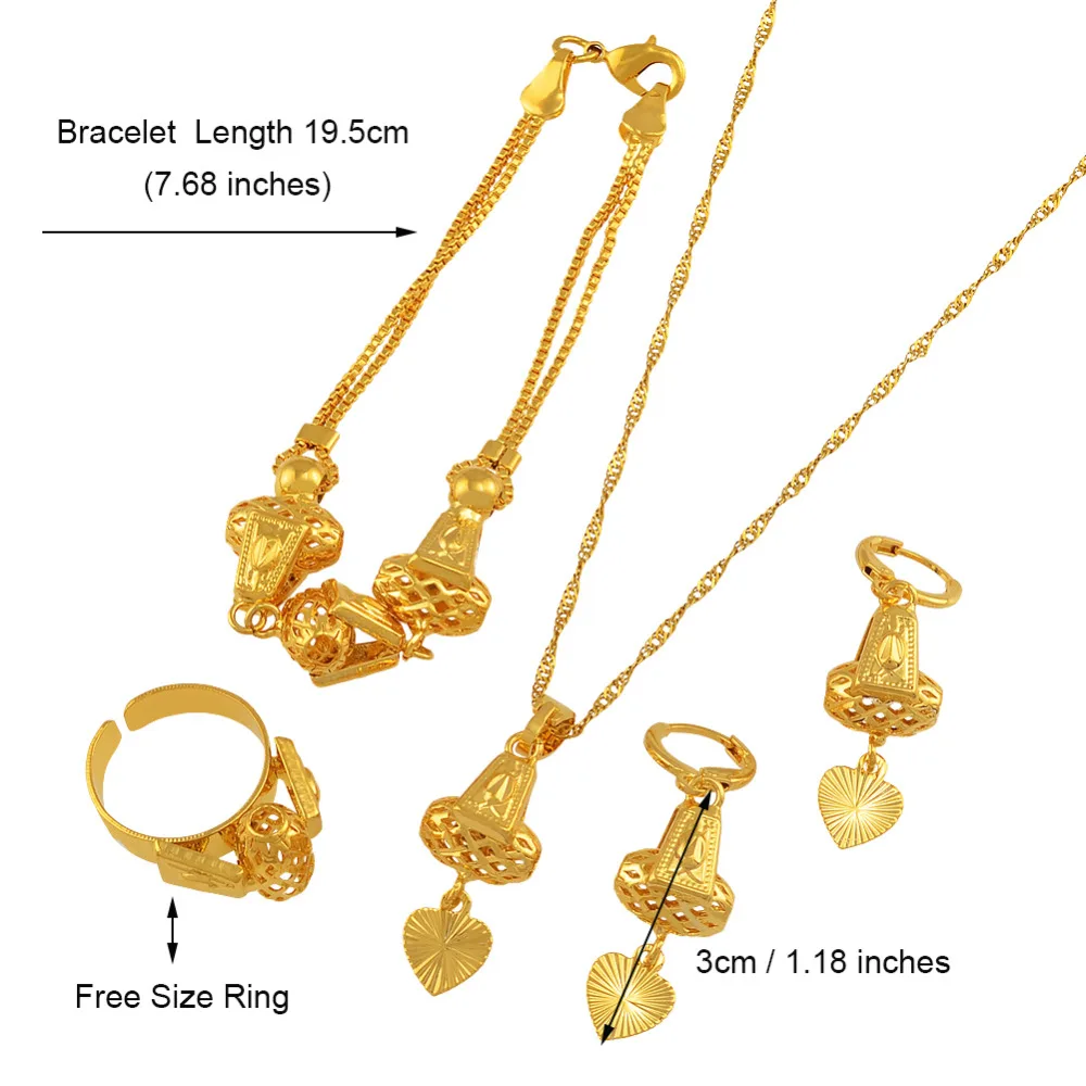 Anniyo Heart Jewelry set Necklace &amp Pendant Bracelet Earrings Ring Gold Color Chain Women Romantic Gift African Arab #053806 | Украшения