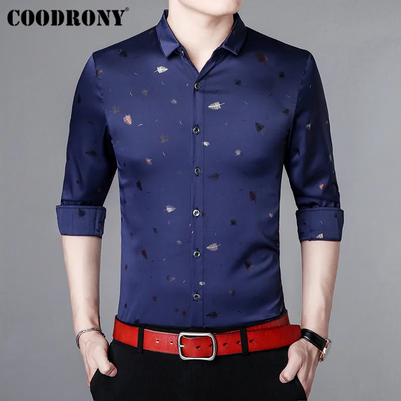 COODRONY, мужская рубашка, осень, Бизнес Стиль, повседневные рубашки, длинный рукав, хлопок, рубашка для мужчин, уличная мода, рубашка с цветочным принтом, Masculina 96013
