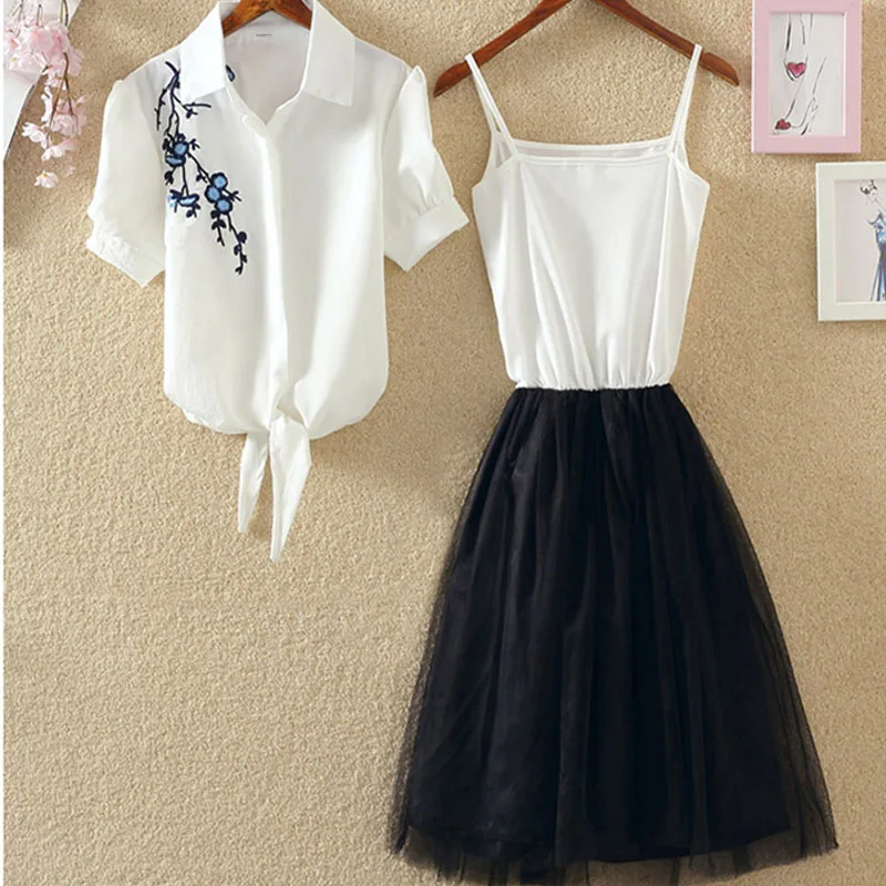 2 Pieces Tutu Dress Women Shirt And Sling Veil Suit Cute Mesh Vest Ballet Summer Blue White Princess Dresses | Женская одежда