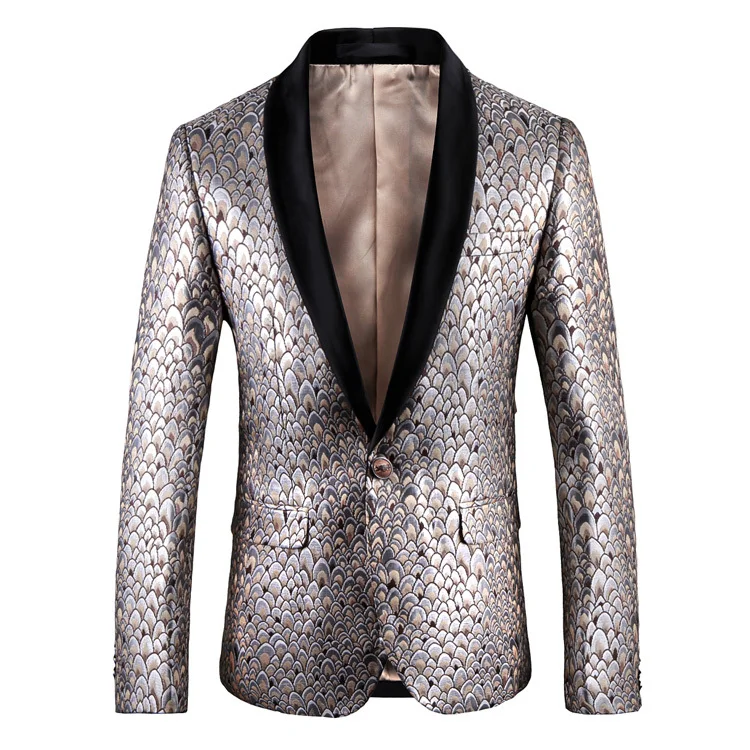 

Gold Pea Cock Pattern Suit Jacket Men Slim Fit Gold With Blalck Collar Banquet Blazer Men High Qaulity Blazer