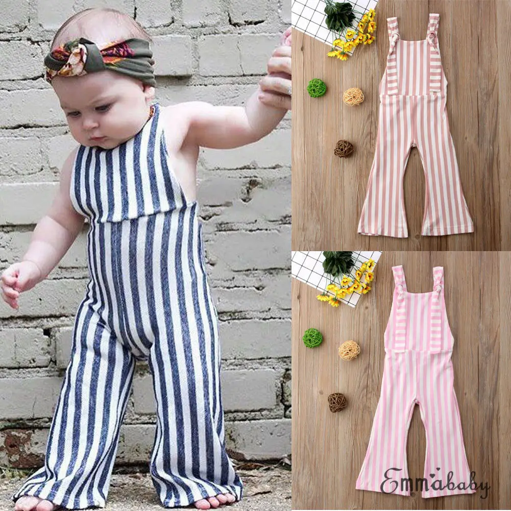 

Toddler Kids Baby Girl Stripe Brace Pants Overalls Long Loose Flare Pants Backless Overall Jumper Girls Outfit Bell-Bottom Pants
