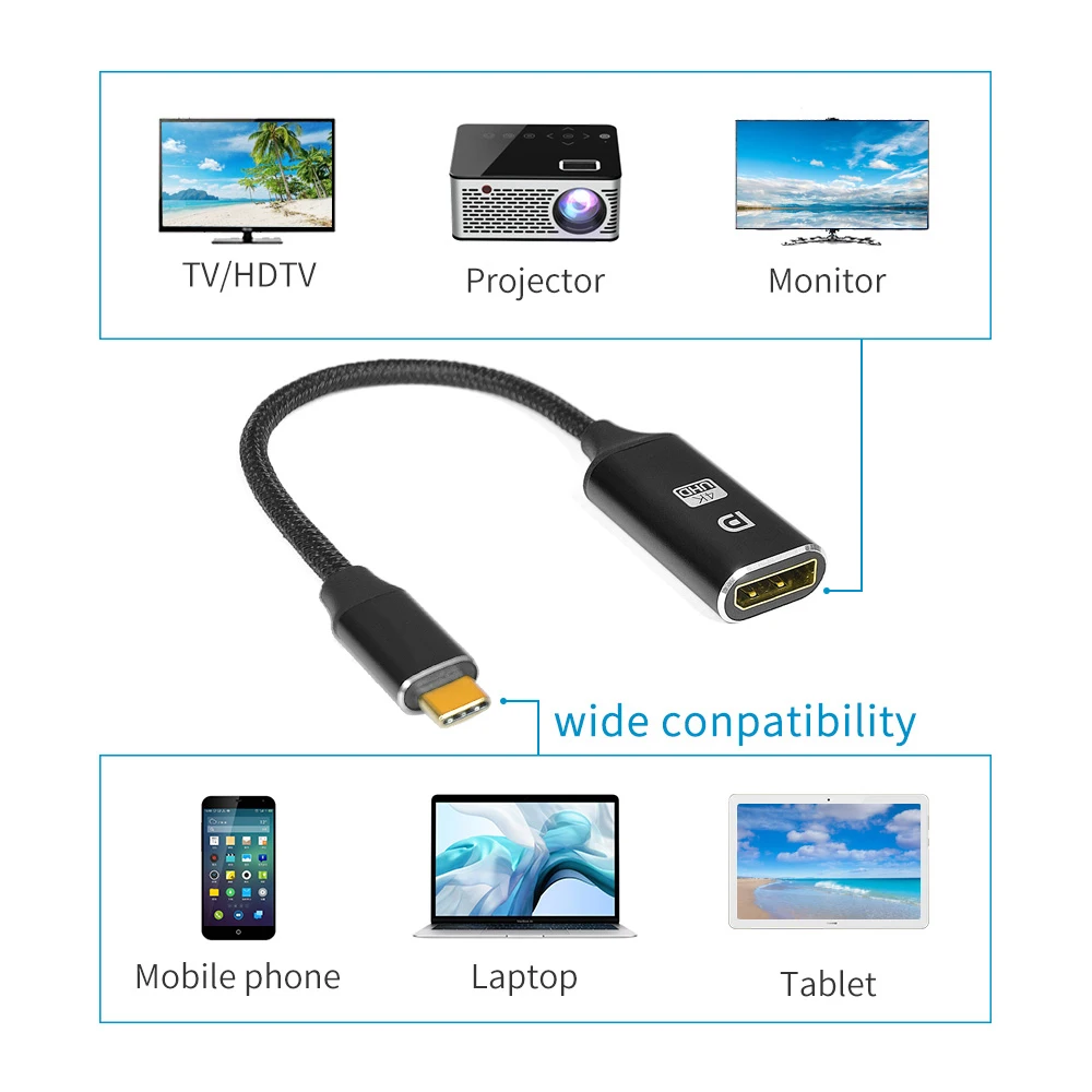 USB C адаптер для дисплея кабель (поддержка 4K @ 60 Гц) (Thunderbolt 3) до DP 1ft длина MacBook Pro Google