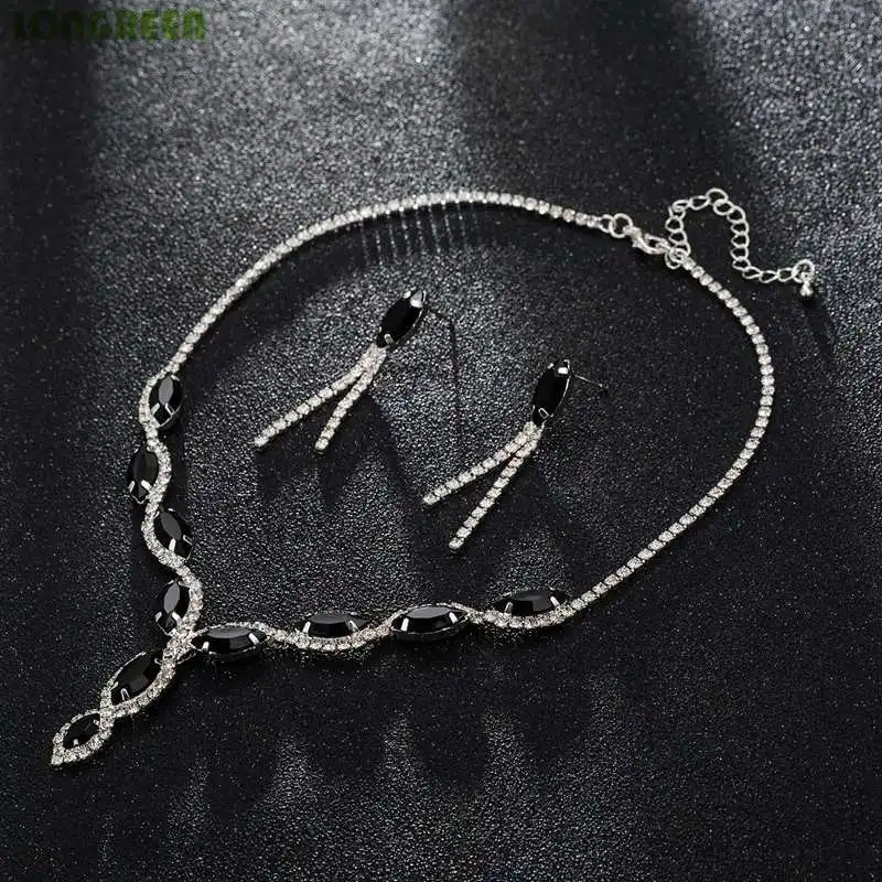 Black Zircon Стиль, кристалл, циркон, Свадебные Ювелирные наборы, серебряное ожерелье, серьги, Свадебные Ювелирные наборы для женщин, аксессуары для девушек, вечерние - Окраска металла: Black Zircon