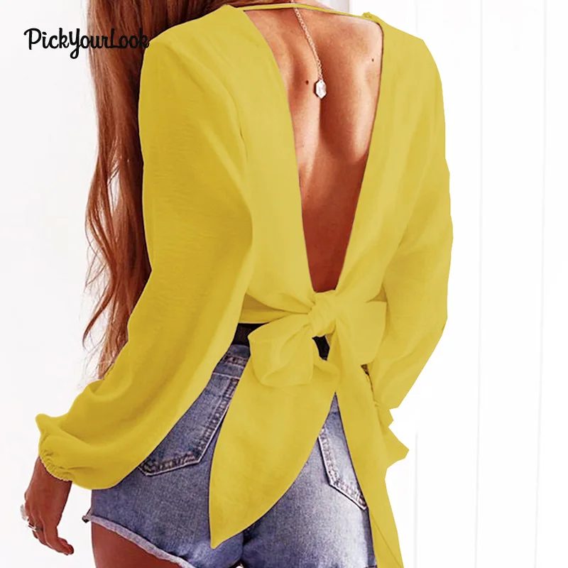Pickyourlook/Женские топы и блузки, сексуальная женская рубашка с глубоким v-образным вырезом, с длинным рукавом, с открытой спиной, с поясом, женские блузки, Femme Camicette