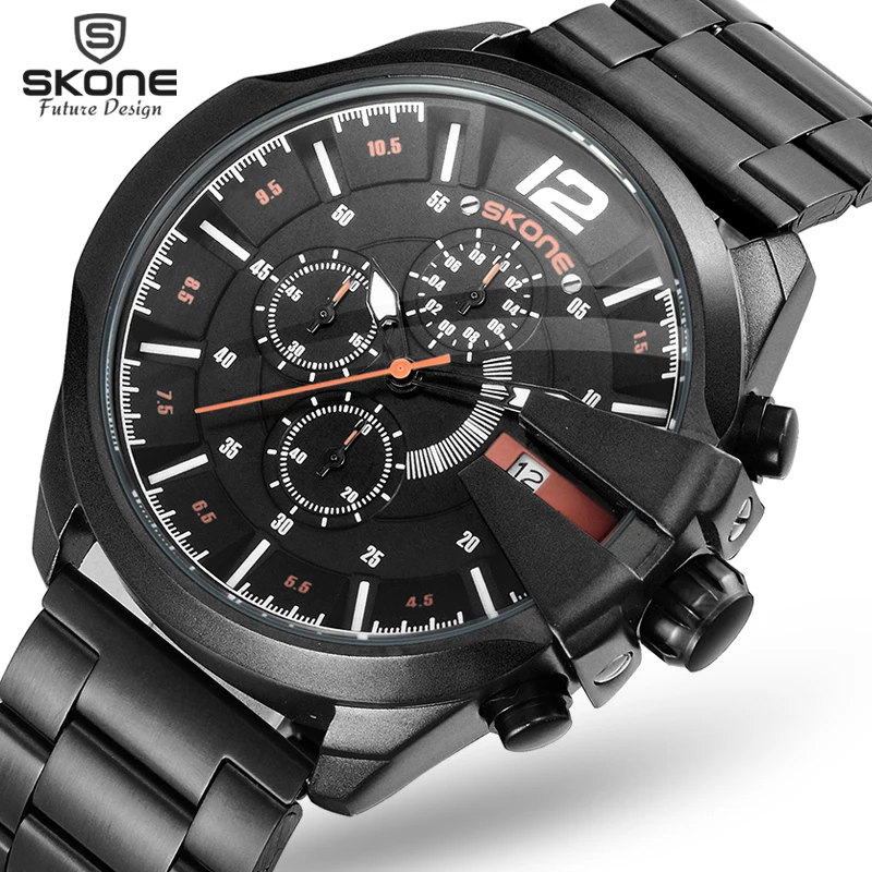 SKONE Sub циферблат работы Chronograp нержавеющая сталь Ремешок кварцевые часы делового