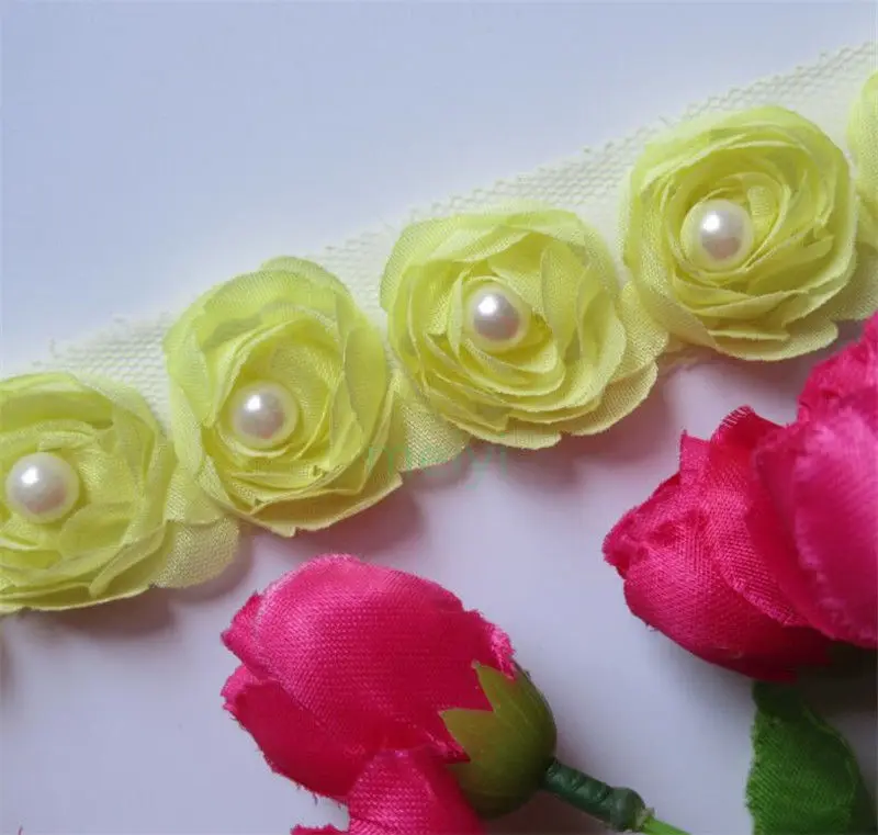 2 ярда Желтая роза цветок Жемчуг шифон Вышитые Кружева отделка ленты ткани ручной