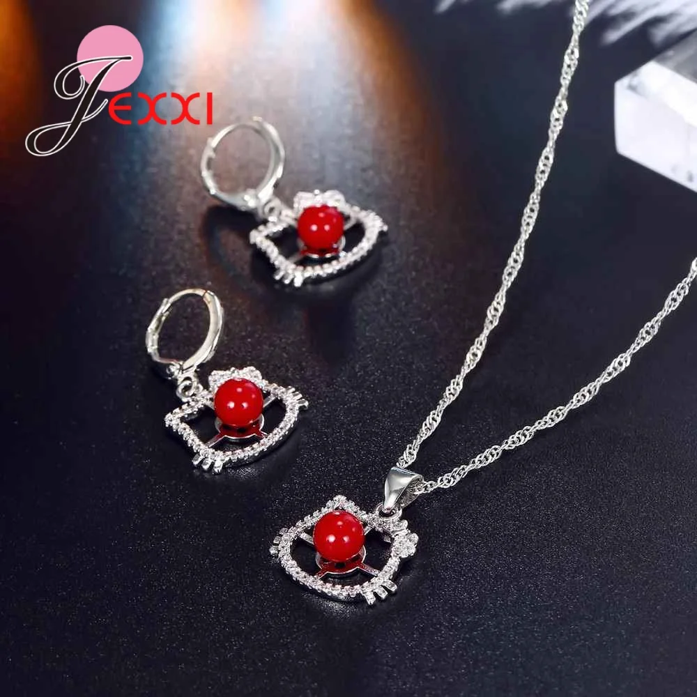 Fast Shipping Classic Charming Cat Animal Shape Red Cubic Zirconia Austrian Crystal Stone 925 Sterling Silver and CZ | Украшения и