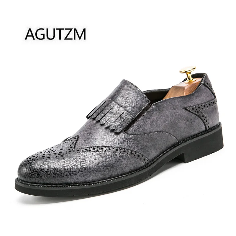 AGUTZM Brand 1690 Fashion Tassels Small Leather Shoes Bullock Carve Slip On Men's Brogue Young Man Casual | Обувь