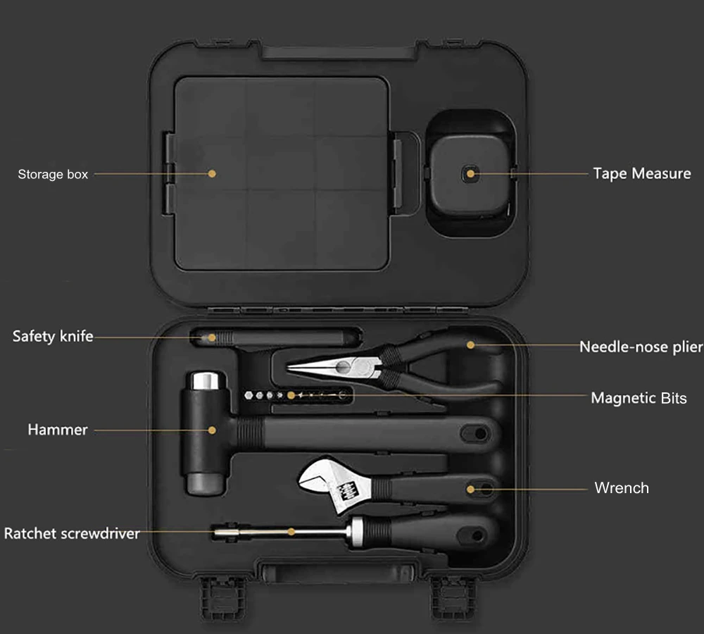 Xiaomi Mijia набор инструментов для дома, молоток, трещотка, отвертка, плоскогубцы с иглой, гаечный ключ, безопасный нож, рулетка, коробка для хранения