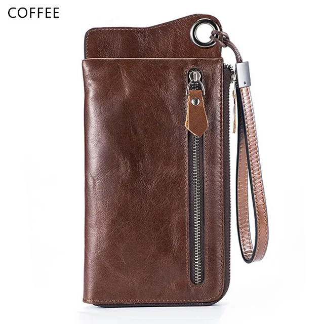 coffee Мужские кошельки из натуральной кожи, брендовый мужской кошелек, длинный держатель для карт, портмоне, мужской большой кошелек с карманом для мобильного телефона - Цвет: coffee