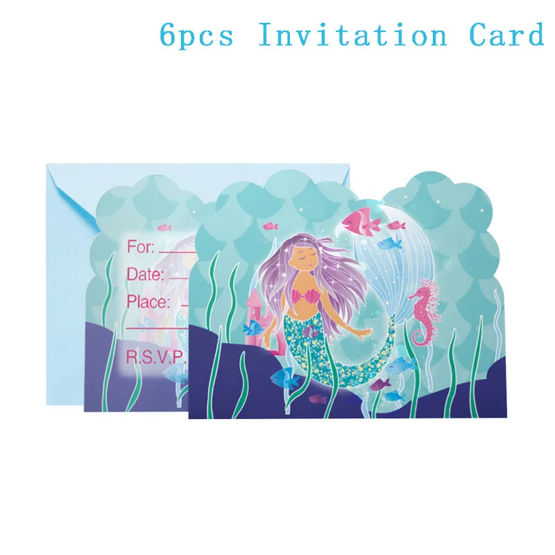 invitation card Русалочка День Рождения украшения Русалка Вечерние одноразовые наборы посуды торт Топпер Baby Shower Girl 1st день рождения партии - Цвет: invitation card