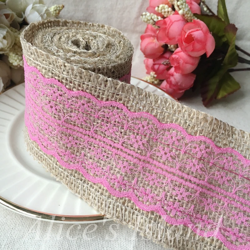 

200 x 6cm Pink Lace Natural Hessian Burlap Jute Ribbon Party decoration Vintage Rusitc Wedding Gift Wrapping