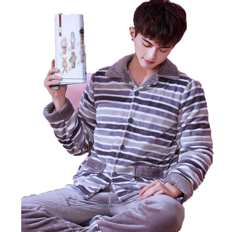 

Men's Pajamas Winter Men Pyjama Set Cardigans Long Sleeve Sleepwear For Men Nightwear Thick Warm Coral Fleece Pijama Suit Sets