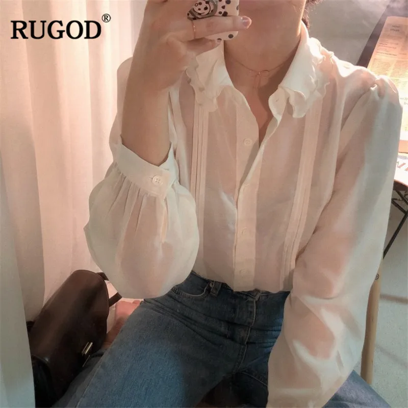 RUGOD Новое поступление женская элегантная однотонная блузка офисная одежда отложной воротник белые блузки femlae повседневные однотонные женские блузки