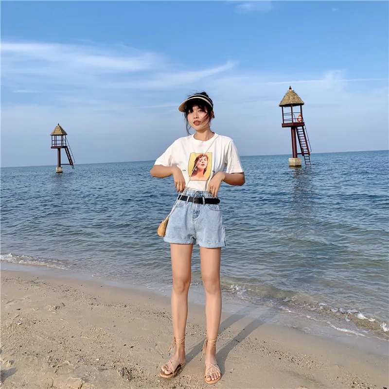 Summer 2019 летние шорты с высокой талией в Корейском стиле женские джинсы A line