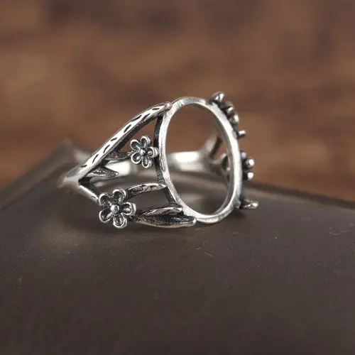 Art Nouveau Vintage 925 Silver Flower Ring Semi Mount 12x15mm Oval Cabochon Amber Agate Opal Fine Jewelry Setting DIY Stone | Украшения и