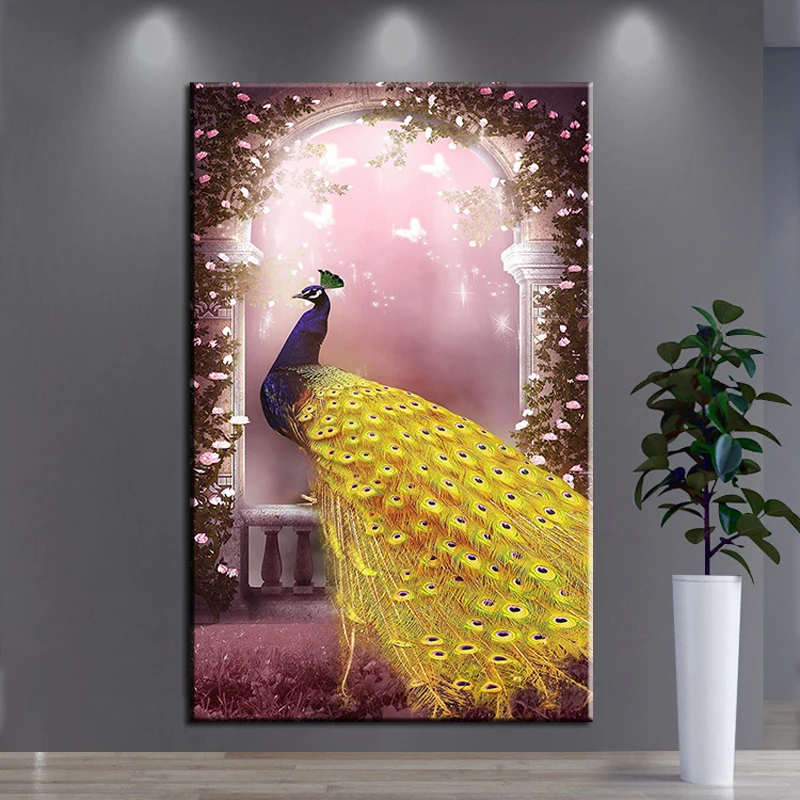 QIANZEHUI DIY Diamond Embroidery Round Golden peacock animal Full rhinestone 5D painting cross stitch needlework | Дом и сад