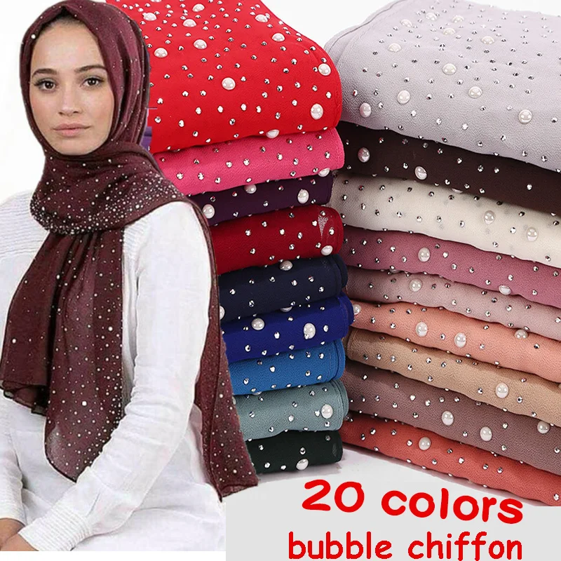 

1 pc New Women's Bubbles Chiffon Scarf With diamond studs Pearls scarf plain hijab shawls Wraps solid color muslim hijab scarf