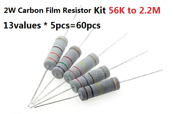 

13values * 5pcs=60pcs 56K-2.2M 2W 5% Carbon Film Resistor Kit Pack Assorted Set 82K 100K 150K 220K 270K 330K 470K OHM Assortment