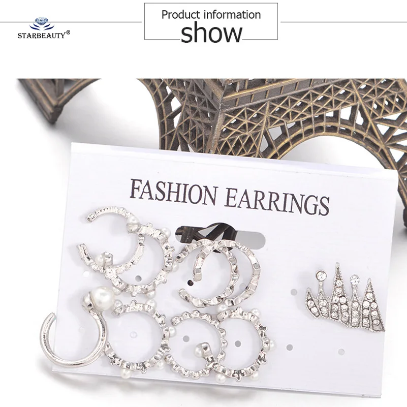 Starose 9 pcs/lot Hot Crown White Pearl Ear Jewelry Fake Piercing Helix Nose Ring Pircing Earrings Cuff | Украшения и аксессуары
