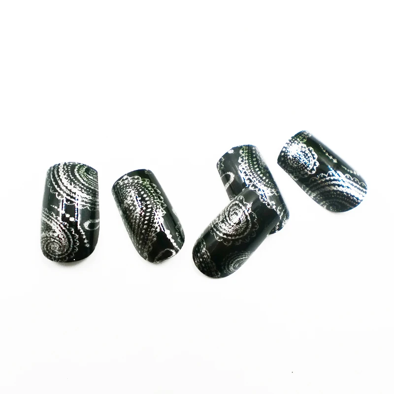 Высокое качество 12 шт. черный серебристый цвет Накладные ногти с клеем Длинные