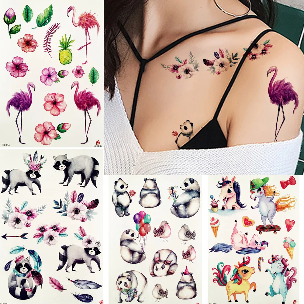 

3D Flash Unicorn Panda Tattoos Temporary Children Arm Chest Lotus Leaf Kids Cartoon Tattoos Stickers Body Flamingo Tatto Decal