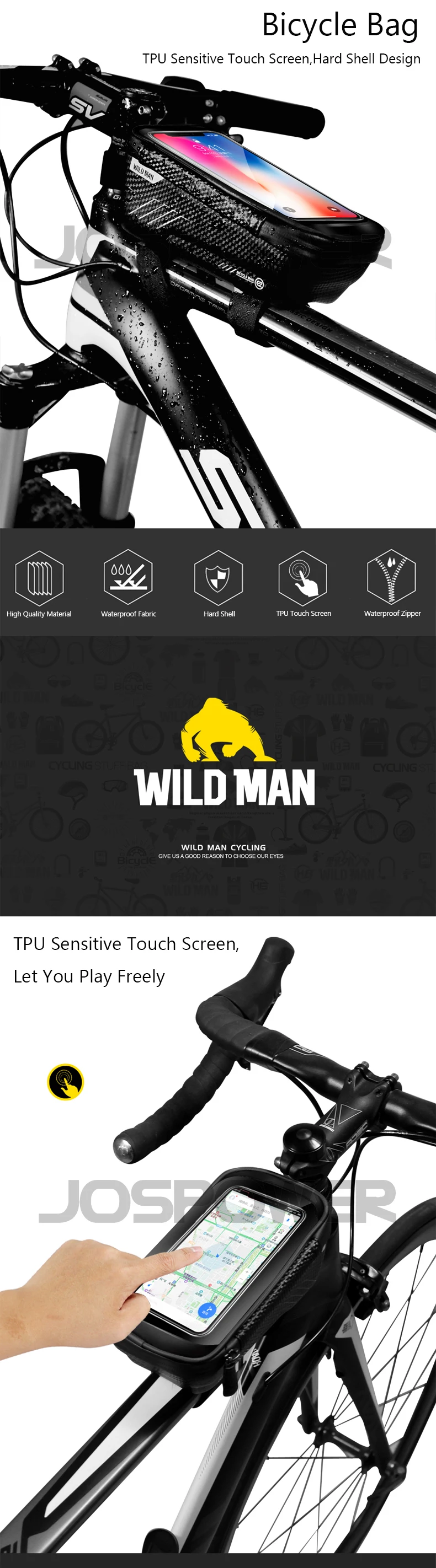 Сумка для велосипеда WILD MAN, водонепроницаемая, 6,2 дюймов, с сенсорным экраном, сумка для мобильного телефона, велосипедная, передняя, верхняя, с рамкой, сумка для мобильного телефона, Аксессуары для велосипеда