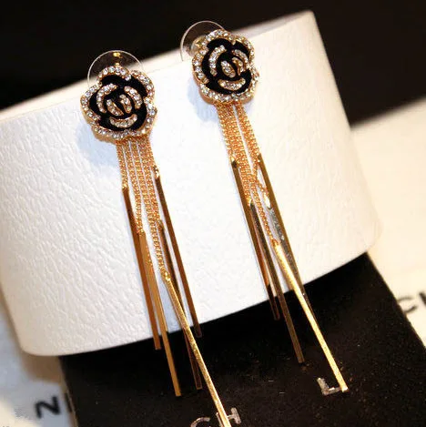 Висячие серьги с длинной кисточкой в виде цветка камелии|tassel dangle earring|dangle drop