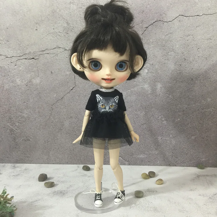 Модная кукольная юбка 1/6 крутая черная футболка платье с котом для Barbi azone ob24 blyth pant