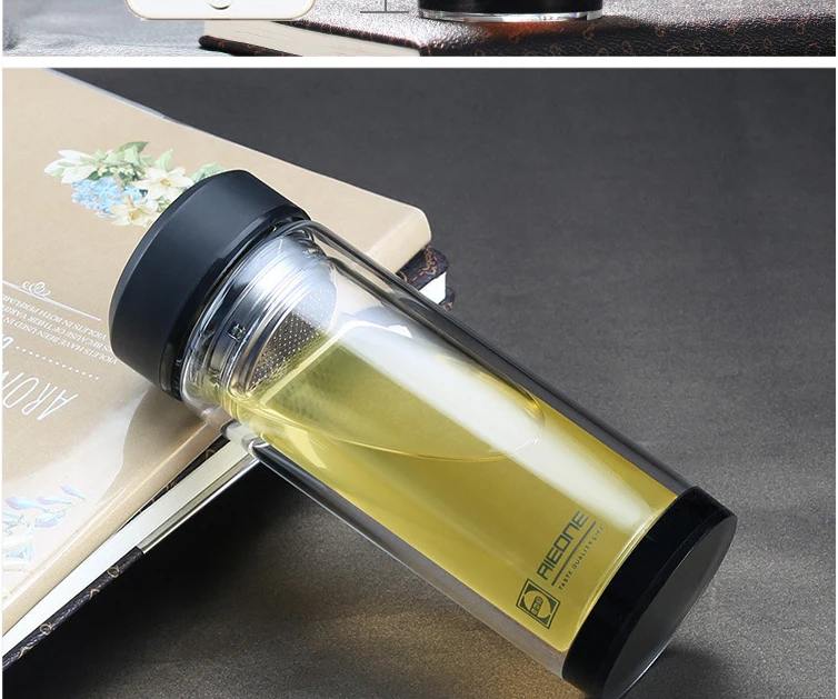 320ml 280ml Business Type Water Bottle Glass Bottle With Stainless Steel Tea Infuser Filter Double Wall Glass Sport Water Tumble