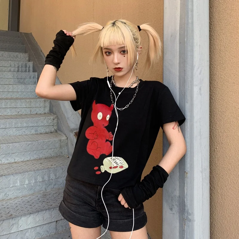 Футболка Харадзюку Kawaii Little Devil с принтом, длинные и короткие милые топы, футболки, свободные футболки для пар или подружек, летняя одежда