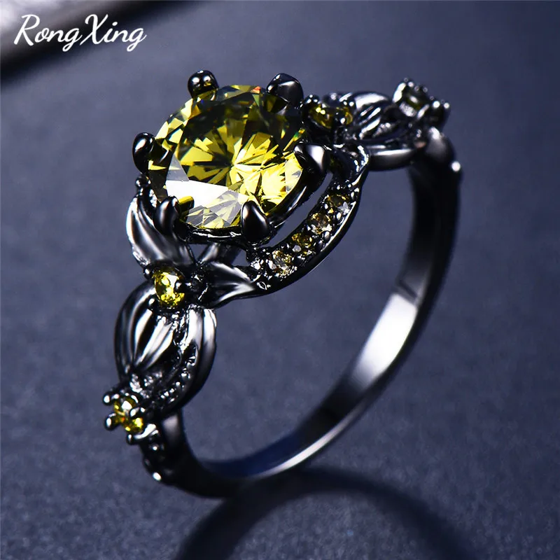 RongXing шесть крапанов круглые кольца с камнем рождения для женщин черное золото заполнены синий/фиолетовый/оливково-зеленый кристалл Циркон кольцо Модные ювелирные изделия - Цвет основного камня: Olive Green