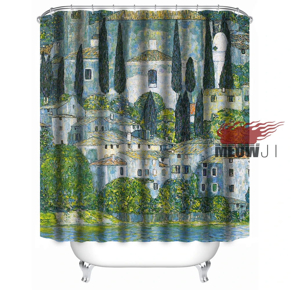 Art oil painting village landscape plants flower trees Vintage custom Shower Curtain Bathroom decor various sizes Free Shipping | Дом и сад