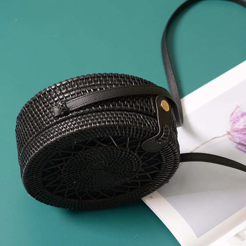 Черные круглые сумки из ротанга для женщин Сумка через плечо ручной работы