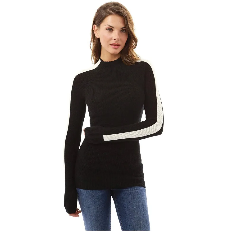 

Autumn and winter tops Sexy round neck Slim-fit colorblock long-sleeved top