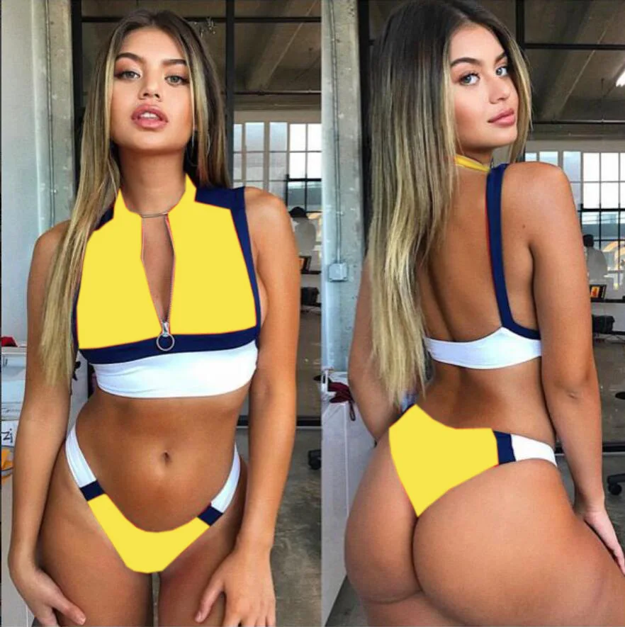 Бикини 2019 на молнии спортивный пуш-ап купальник женский лоскутный сексуальный с