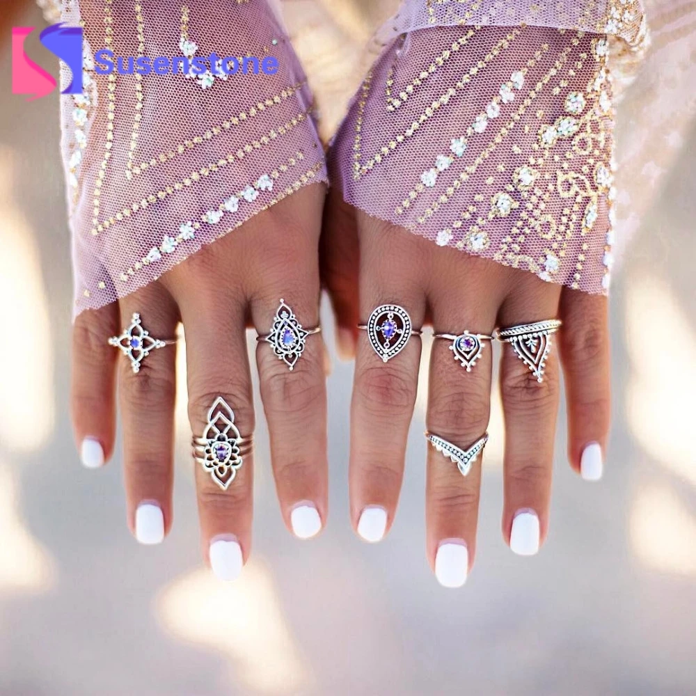 10 шт. богемные винтажные Кольца Набор Серебро Золото стек кольцо натуральный