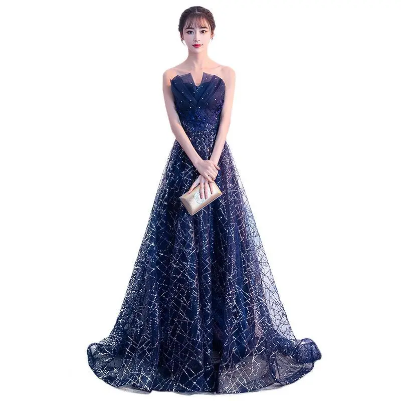 Темно синий китайский Восточный с открытыми плечами Свадебные женские