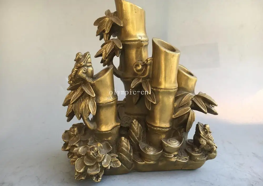 

8'' brass office fengshui decor carved flower bamboo wealth toad brush pot