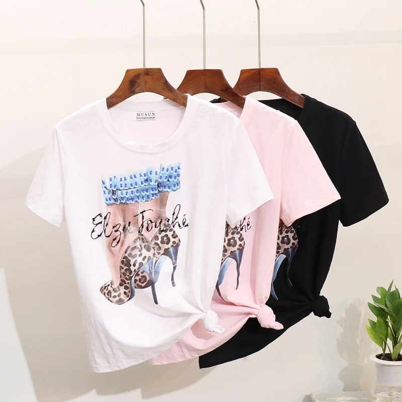 2019 г. весенне летняя футболка новые женские футболки вышитое Блестящим Бисером с