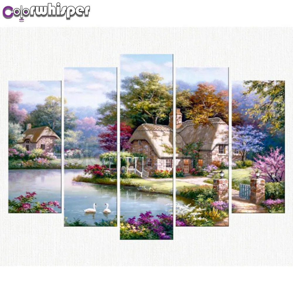 Алмазная живопись полный квадратный/круглый лебедь озеро дом коттедж