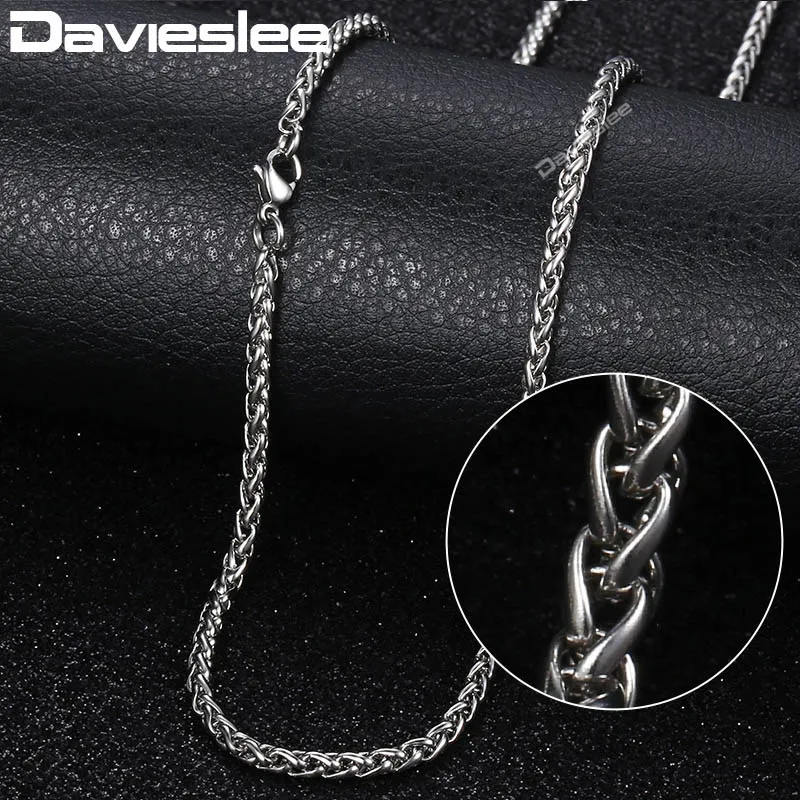 KN151 Wheat Chain Davieslee, Классическая цепочка из нержавеющей стали, ожерелье s для мужчин, змея/коробка/панцирная цепочка, 24 дюйма, серебряное ожерелье, мужские ювелирные изделия, 3 мм, dkn1 - Окраска металла: KN151 Wheat Chain
