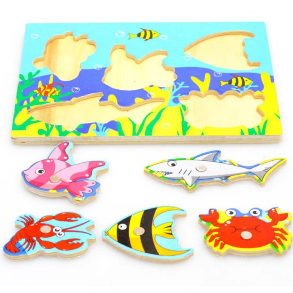Children Fishing Game Wooden Ocean Jigsaw Board Magnetic Rod Outdoor Fun Toy For Kid Jogos De Tabuleiro Madeira Non-electric | Игрушки и