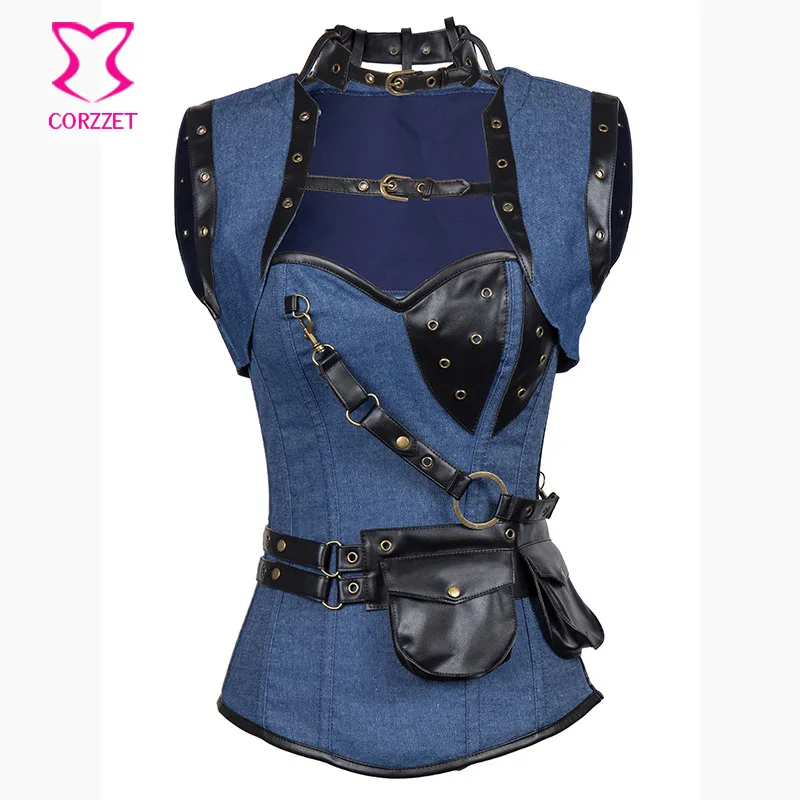 

Corzzet Blue Denim&Brocade Steel Boned Overbust Corsets And Bustiers Waist Slimming Gothic Corset+Jaket Steampunk Clothing