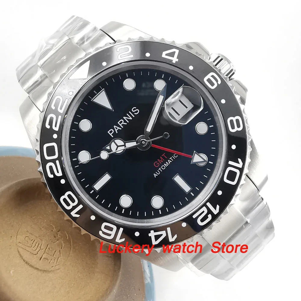 

40mm Parnis Black Ceramic Bezel black dial red GMT luminous marks sapphire glass automatic Mens Watch-PA50